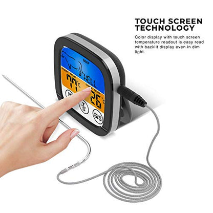 Digital Touchscreen Food Thermometer for Meat Poultry Fish Cooking in Frying Pan Smoker Oven BBQ Grill with Sensitive Color LCD Display | All Temperature and Timer Modes | Best Taste Results (Silver)
