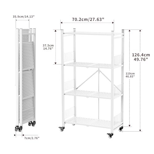 Folding Storage Shelves No Assembly, 4 Tier Foldable Storage Shelves with Wheels, Rolling Collapsible Rack for Pantry Laundry Room Kitchen, White - color: White/4-tier