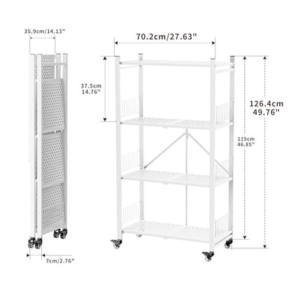 Folding Storage Shelves No Assembly, 4 Tier Foldable Storage Shelves with Wheels, Rolling Collapsible Rack for Pantry Laundry Room Kitchen, White - color: White/4-tier