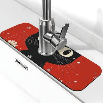 Kitchen Sink Faucet Mat Splash Guard, Christmas Black Cat Red Flowers Snow Super Absorbent Drying Mat, Non-Slip Drain Pad for Bathroom Counter - color: Black Cat Red Flowers Snow