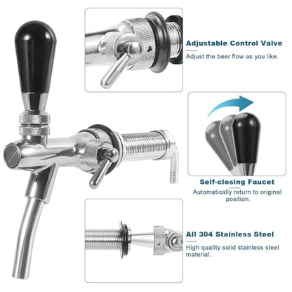 Long Shank Flow Control Beer Faucet, All Stainless Steel Beer Tap Faucet Upgraded Adjustable Bar Tap, 4" Draft Beer Shank with 5/16" Barb & G5/8 Thread for Home Brewing, Kegerator, wall - size: All Stainless Steel