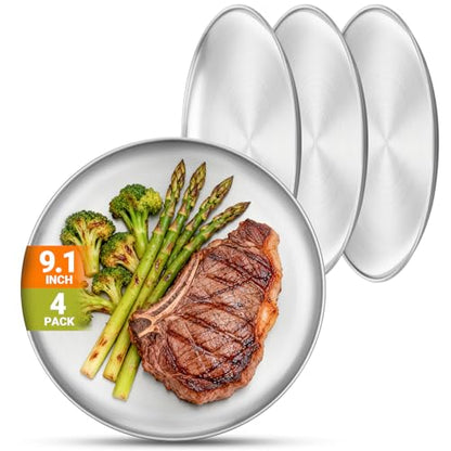 Metal Camping Plates, 4 Pack 9.1 inch Small 201 Stainless Steel Plates, Reusable Pizza Food Serving Snack Eating Salad Dishes Round Shatterproof Brushed Finish Silver Dish Oven Dishwasher Safe - size: 9.1"