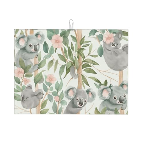 Cute Koala Holding Blossom Branch Dish Drying Mat for Kitchen Counter Microfiber Absorbent Reusable Washable 18x24in - color: Cute Koala Holding Blossom Branch