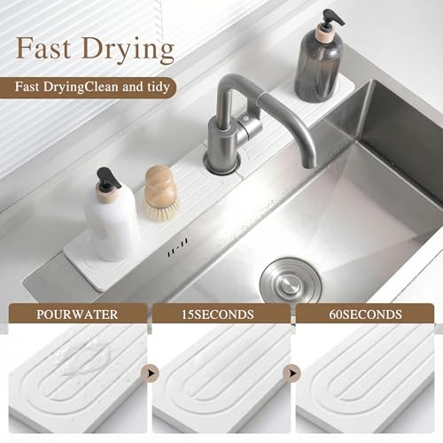 Diatomite Faucet Mat for Kitchen Sink, Quick-Dry Stone-Like Sink Mat, Flat Lay Absorbent Countertop Drying Mat for Faucet Area, Hard Diatomite Mat, White, 15.8 x 4 in - color: White-D2