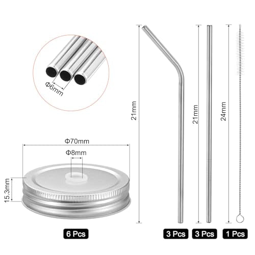 uxcell 13pcs Stainless Steel Mason Jar Lids with Straw Hole, 70mm Metal Canning Lid Mason Storage Covers Caps with Silicone Ring/Straws/Cleaning Brush Silver - color: Silver