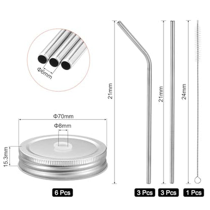 uxcell 13pcs Stainless Steel Mason Jar Lids with Straw Hole, 70mm Metal Canning Lid Mason Storage Covers Caps with Silicone Ring/Straws/Cleaning Brush Silver - color: Silver