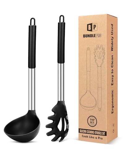 Silicone Pasta Fork and Ladle Spoon Set, Large Non Stick Kitchen Utensils for Cooking,Stirring,Serving Spaghetti, Soup, Sauce (BLACK) - color: Black