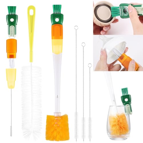 OUTXE 5 Pack Bottle Brush Set, 5-in-1 Water Bottle Cleaner Brush, 15" Long Handle Bottle Cleaning Brush, 3 Straw Brush, Removable Nipple Brush, Detail Brush for Cup Lid Gap, WBBSBLB5 - color: Orange, size: 5-in-1 Brush + Long Handle Brush