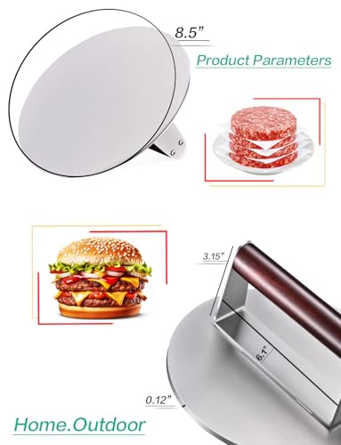 Heavy Duty 2.5 lb Stainless Steel Burger Press – 8.5 Inch Smash Burger Press Hamburger & Bacon Press for Steak, Meat, Flat Top Grill & BBQ, Polished Smooth Base Hamburger Smasher with Wooden Handle - color: 8.5 inches silver