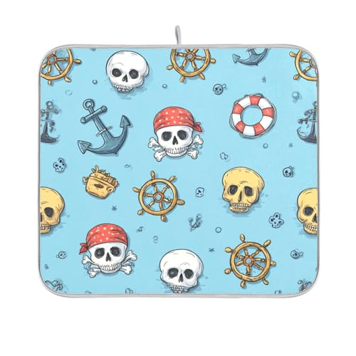 Dish Drying Mat for Kitchen Counter Dish Mat Dish Drainer Mats Kitchen Drying Mat Pad Microfiber Absorbent Reversible 16x18 Inch Blue Pirate Skulls Ship Wheels Anchors - color: Blue Pirate Skulls Ship Wheels Anchors, size: 18" x 16"
