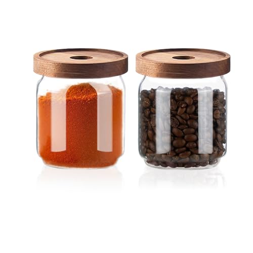 Glass Jars with Airtight Wood Lids - 17 oz Small Kitchen Pantry Storage Containers, Stackable Decorative Canisters for Chia Seed, Tea, Ground Coffee, Sugar, Spice, Salt, Matcha, Nuts, Q-Tip, Set of 2 - color: 17 oz (Set of 2)