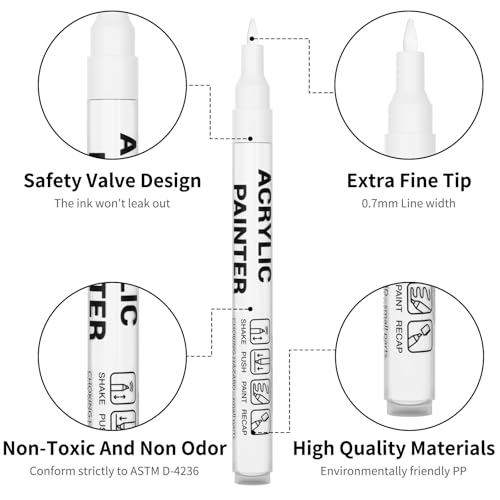 Acrylic Paint Pens Waterproof Markers 2 White Permanent Marker Pens Acrylic Pens for Rock Painting Glass Stone Ceramic Metal Fabric Pebble Painting pens Craft Supplies - color: White