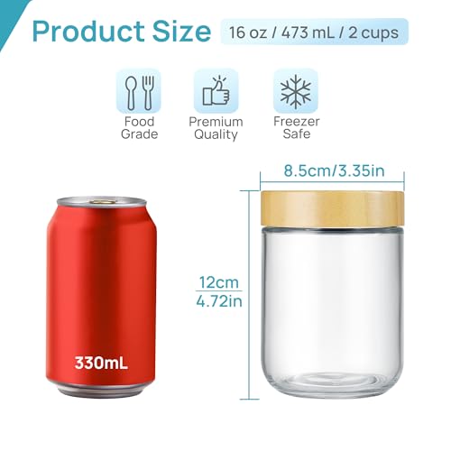 Vtopmart 6 Pack 16oz Glass Overnight Oats Containers with Bamboo Lids, Portable Wide Mouth Glass Jars Leak Proof, Reusable Glass Food Storage Containers for Yogurt Chia Pudding Salad Pickling Snacks