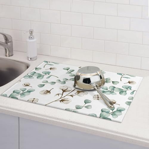 Green Plants Dish Drying Mat for Kitchen Counter Spring Summer Leaves Cotton Plant Microfiber Absorbent Dish Draining Reusable Washable Foldable Extra Large 18"x24" - color: Eucalyptus Leaves Cotton Plant
