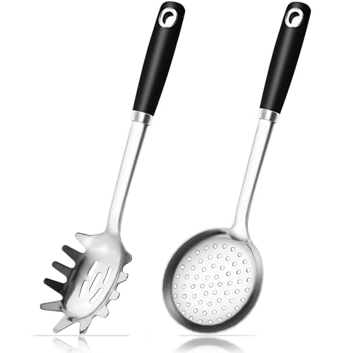 18/0 Stainless Steel Spaghetti Spoon & Slotted Spoon for Cooking, Heavy Duty Frying Spoon Pasta Strainer Skimmer, Cooking Utensils Commercial and Residential Use, Pack of 2 - size: Pasta Server & Slotted Skimmer