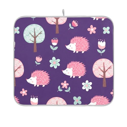 Hedgehog Flower Trees Purple Dish Drying Mat for Kitchen Counter Super Absorbent Draining Mat with Non-slip Backed Dish Rack Pad for Sinks Countertops Draining Racks Dish Bottles Cups Bowl