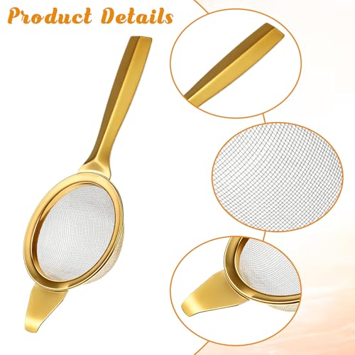 3 Pcs Matcha Strainer Set, 2.2 Inch 30 Mesh Matcha Sieve with Wooden Scoop & Bowl, Stainless Steel Mini Sifter for Loose Tea, Coffee and Cocktail, Gold & Wood Color