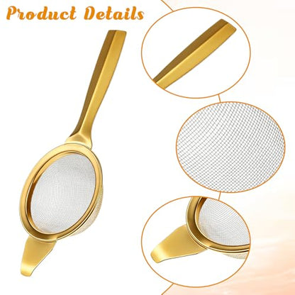 3 Pcs Matcha Strainer Set, 2.2 Inch 30 Mesh Matcha Sieve with Wooden Scoop & Bowl, Stainless Steel Mini Sifter for Loose Tea, Coffee and Cocktail, Gold & Wood Color