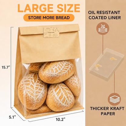 Extra Large Bread Bags for Homemade, 50 Count, 50% Thicker Sourdough Paper With Ties, 15.7 * 10.2 * 5.1 in, Tin Tie Tab Lock Bakery Bags With Window and Sealing Stickers for Storage Packaging Gifting - color: Print