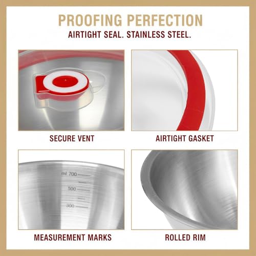 3 Pcs Pizza Dough Proofing Container Set, 23.7 fl oz Stainless Steel Proofing Box with Airtight Lid & Scraper, Stackable Mixing Bowl, Metal Salad Bowl for Kitchen Prep, Cooking, Baking & Food Storage
