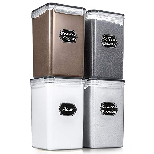 Wildone Extra Large Tall Airtight Food Storage Containers 6.5L/ 5.9QT, Plastic BPA Free Kitchen Pantry Storage Containers 4 Pieces for Flour, Sugar, Rice, with 20 Labels & 1 Marker, Black - color: Black, size: ['6.5L']