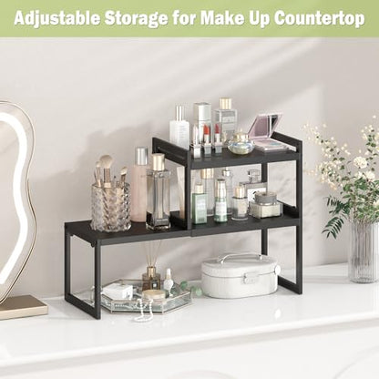 DOLALIKE Expandable Kitchen Countertop Organizer, Stackable Cabinet Shelf Organizers, Space Saving Spice Rack Pantry Storage for Bathroom Office Organization (Black, 2 Pack) | Space Saving Metal Pantry Storage Racks for Kitchen Spice Rack Pans and Untensi
