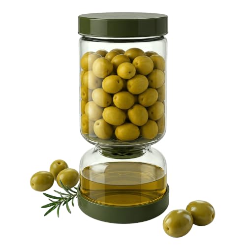 Neoflam Pickle Jar with Flip Strainer, 37 oz Glass Pickle Container for Olives, Jalapeños & Kimchi, Hourglass Juice Separator, Airtight Leak-Proof Food Storage, BPA-Free Wide Mouth Jar