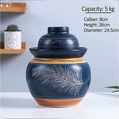 Blue Traditional Chinese Porcelain Pickle Jar, Ceramic Fermentation Crock Pickling Pot,Fermenting Jar With Water Seal Airlock Lid Stoneware Fermenter for Kimchi Saue 5KG