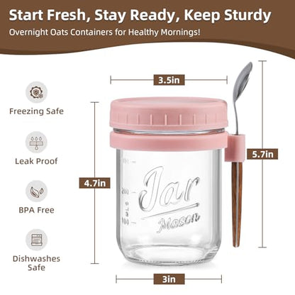 LANDNEOO 4 Pack Overnight Oats Containers with Lids and Spoons, 16 oz Glass Mason Jars with Airtight Lids, Overnight Oats Jars for Milk, Cereal, Fruit-Pink - color: Pink