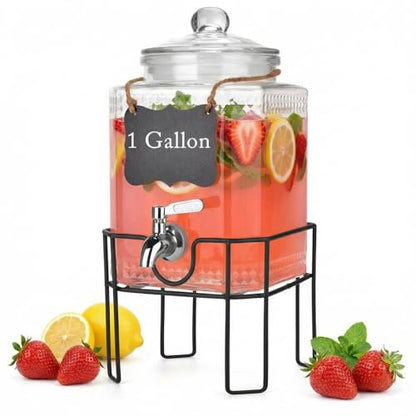 Drink Dispenser, Drink Dispensers for Parties, 1 Gallon Glass Beverage Dispenser with Stand and Glass Lid, 100% Leakproof Spigot, Ideal for Lemonade, Juice, Iced Tea, Laundry Detergent - size: 1 Gallon