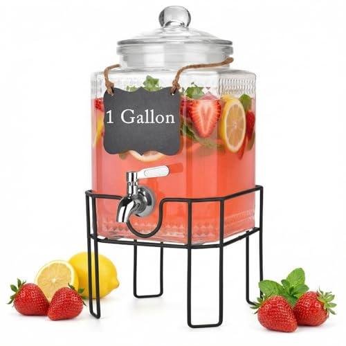 Drink Dispenser, Drink Dispensers for Parties, 1 Gallon Glass Beverage Dispenser with Stand and Glass Lid, 100% Leakproof Spigot, Ideal for Lemonade, Juice, Iced Tea, Laundry Detergent - size: 1 Gallon