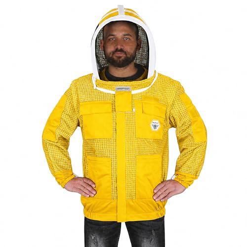 Beekeeping Jacket with Veil 3-Layer Ultra Ventilated 2 Veil Options (Fencing & Round) YKK Zippers Full Protection Suit Carrying Bag (BP-302-Golden)-XXL - color: Golden 2 Veils, size: 2XL
