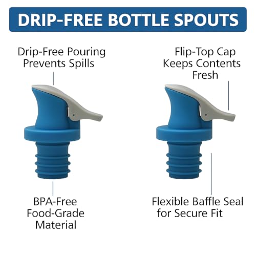 2-Piece Dripless Oil Spout Set with Sealable Top – Fits Standard Bottles, Prevents Spillage, BPA-Free Food Grade Stopper for Oils, Vinegars, Syrups & More by Dependable Industries (2)