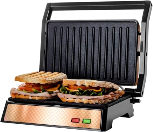 OVENTE Electric Panini Press Sandwich Maker with Non-Stick Coated Plates, Opens 180 Degrees to Fit Any Type or Size of Food, 1000W Indoor Grill Perfect for Quesadillas, Burgers & More, Copper GP0620CO - color: GP0620CO