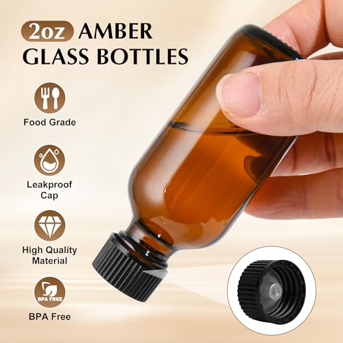 Small Glass Bottles with Lids Boston Round Shot Bottles for Health, Immunity, Ginger Juice, Essential Oils, Potion - Leak Proof Mini Travel Containers (Amber UV, 2oz-48Pack) - color: Amber UV, size: 2oz-48Pack