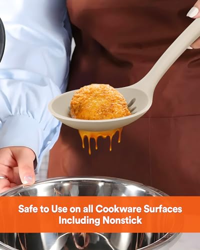 Kitchen Ladle Strainer, Large Slotted Spoon with High Heat Resistant BPA Free, Non Stick Cooking Skimmers For Draining & Frying, 13.2inch (Khaki) - color: Khaki