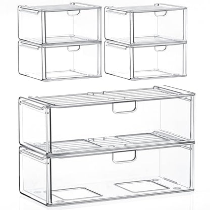 caktraie Acrylic Stackable Storage Drawers Set of 6, Clear Plastic Storage Drawer Organzier, Storage Organizer, Makeup Organizer,Ideal for Vanity, Bathroom,Cabinet,Pantry Organization - style: 2 Large+4 Medium Drawers