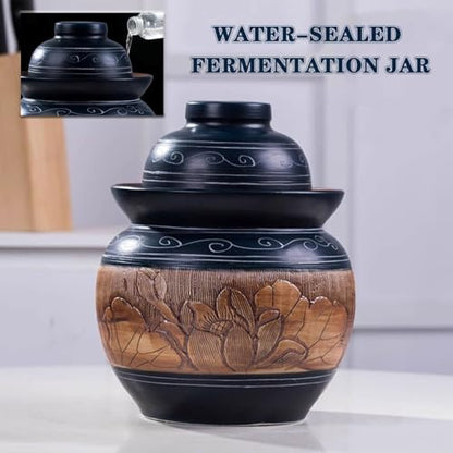 Retro Lotus Carved Kimchi Jar, Thickened Ceramic Fermentation Crock, Pickled Beans, Radishes, Cabbages, Traditional Water Seal Design