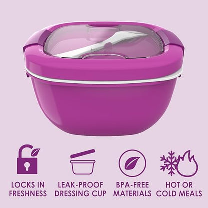 Bentgo Salad Container - 54 oz Bowl with 4-Compartment Toppings Tray, Leak-Proof Dressing Container, Reusable Fork, BPA-Free Lunch Box for Meal Prep & Food Storage; Removable Bento Tray (Purple) - color: Purple