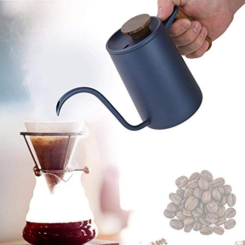 Fdit Gooseneck Coffee Kettle, Precision Pour Stovetop Drip Pot for Pour Over Tea 304 Stainless Steel Blue Wooden Handle Thermometer Lid Vent 600ml 1 Pack