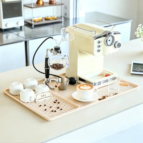 Caketime 2 In 1 Silicone Coffee Bar Mat Accessories for espresso Machine with Detachable Dish Drying Rug Waterproof Kitchen Office House Gadgets Under Sink Drainer Supplies 16"x24" Extra Large Beige - color: Beige, size: 24" x 16"