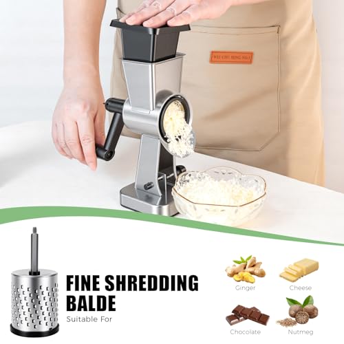 LHS Rotary Cheese Grater Stainless Steel Manual Cheese Shredder Grater Walnuts Grinder with 3 Interchangeable Drum Blades for Chocolate, Cheese and Nuts