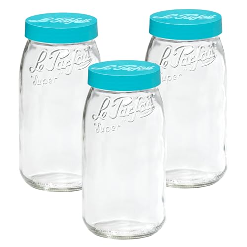 Le Parfait Eco-Friendly Zero Waste Wide Mouth Glass Jar with Airtight Screw Top Lid - Reusable French Storage Jar for Food, Soup, Flour, Sugar, Canning & Baking (3L/96oz, 3 Pack, Teal) - color: 3L-Teal (Set/3)