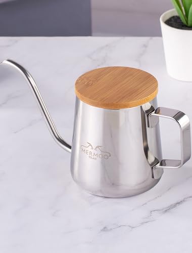 MERMOO YILAN Pour Over Coffee Kettle with Wooden Lid 12oz Coffee Maker | 304 Stainless Steel|Stovetop Coffee Pot |Gooseneck Pouring Kettle|Dishwasher Safe|for Camping,Home,Travel,Office - color: Silver
