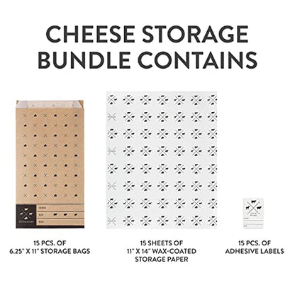 Formaticum Cheese Storage Bags with Storage Paper & Adhesive Labels - Wax Paper Bags & Paper - Cheese Paper for Wrapping Cheese - Porous Brown Paper Bags 6 x 11 (45 x Bags, Sheets & Labels)