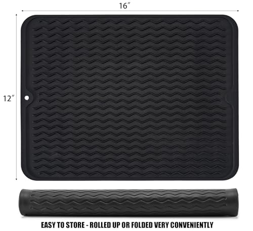 Silicone Dish Drying Mat, Non-Slip Easy Clean Sink Mat Large Heat-resistant Dish Drainer Mat for Kitchen Counter, Sink, Refrigerator or Drawer liner (16" x 12", BLACK) - size: 16" x 12"