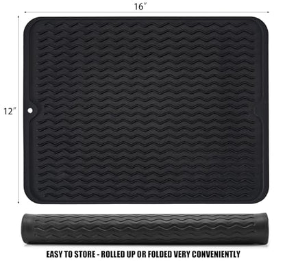 Silicone Dish Drying Mat, Non-Slip Easy Clean Sink Mat Large Heat-resistant Dish Drainer Mat for Kitchen Counter, Sink, Refrigerator or Drawer liner (16" x 12", BLACK) - size: 16" x 12"