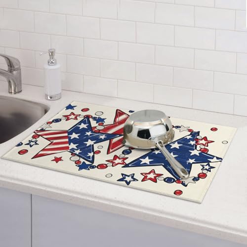 American Flag Stars And Stripes Microfiber Dish Drying Mat 18x24 Inch - Absorbent Non-Slip & Quick Dry Kitchen Counter Dish Drainer Pad, Rustic Farmhouse Style - color: American Flag Stars And Stripes