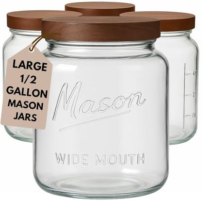 Kitchentoolz Half Gallon Glass Mason Jars with Airtight Push to Close Wooden Lids - Food Storage & Canning Jars with Measurement Markings - Pantry Containers for Flour, Sugar & Dry Goods - 64 oz (4pk) - size: Pack of 4