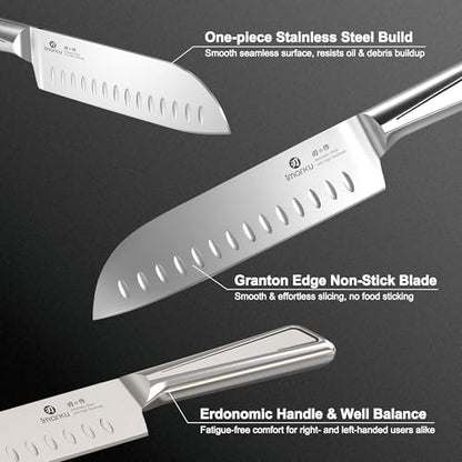 imarku Chef Knife Ultra Sharp Santoku Knife 7 Inch, High Carbon Stainless Steel Japanese Kitchen Knife with Hollow Edge | Seamless Ergonomic Handle, Gift Box for Meat/Vegetables/Tomatoes & Daily Prep - color: Brushed Silver